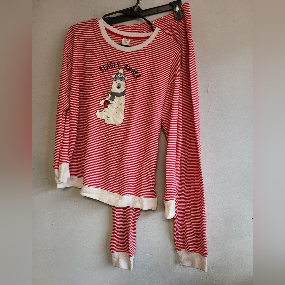 Women's medium pajama pj set pants red/white striped polar bear "Bearly Awake"
